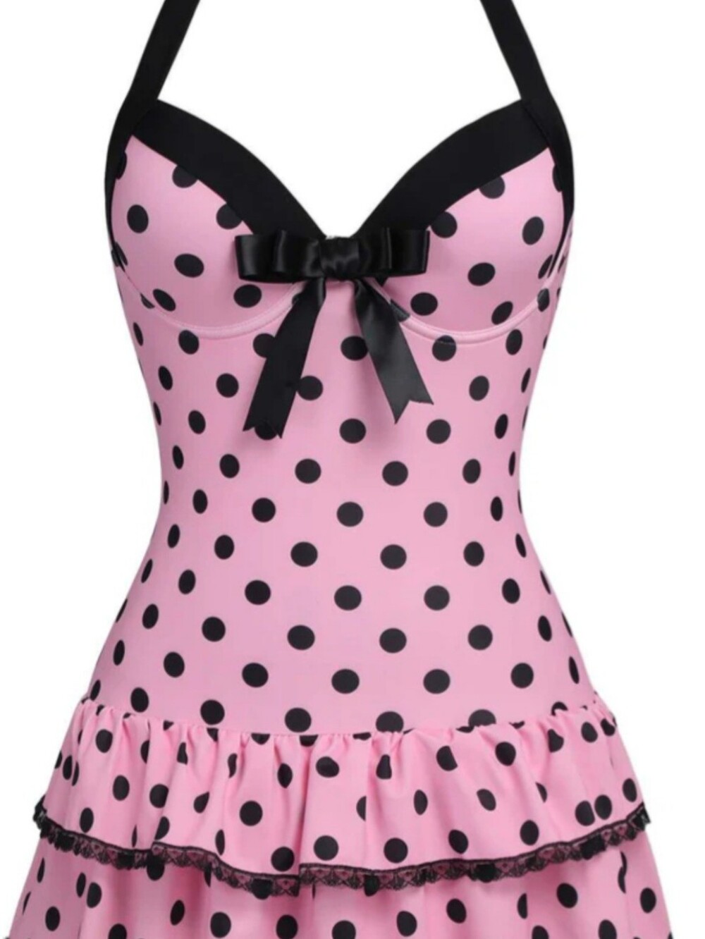 Retroststage 1940's Pink Polka Dot Women's Halter Swim Dress with Black Trim.